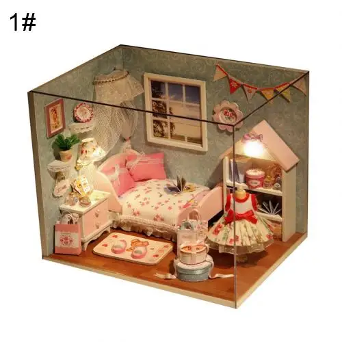 Светодиодный Кукольный дом 3D Деревянный миниатюрный кукольный домик игрушки ручной работы миниатюрная мебель модель с чехлом для детей подарки на Рождество - Цвет: 1