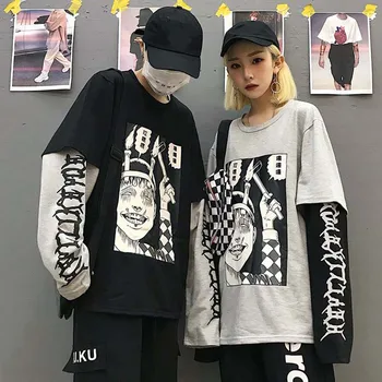 

Harajuku Sweatshirt Women Patchwork Unisex Pullovers Print Japanese Comics Jumpers Fake 2 Pieces Shirt Woman Streetwear 2020