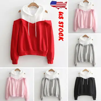 

Womens Cold Shoulder Hoodie Hoody Sweatshirt Ladies Pullover Sweater Jumper