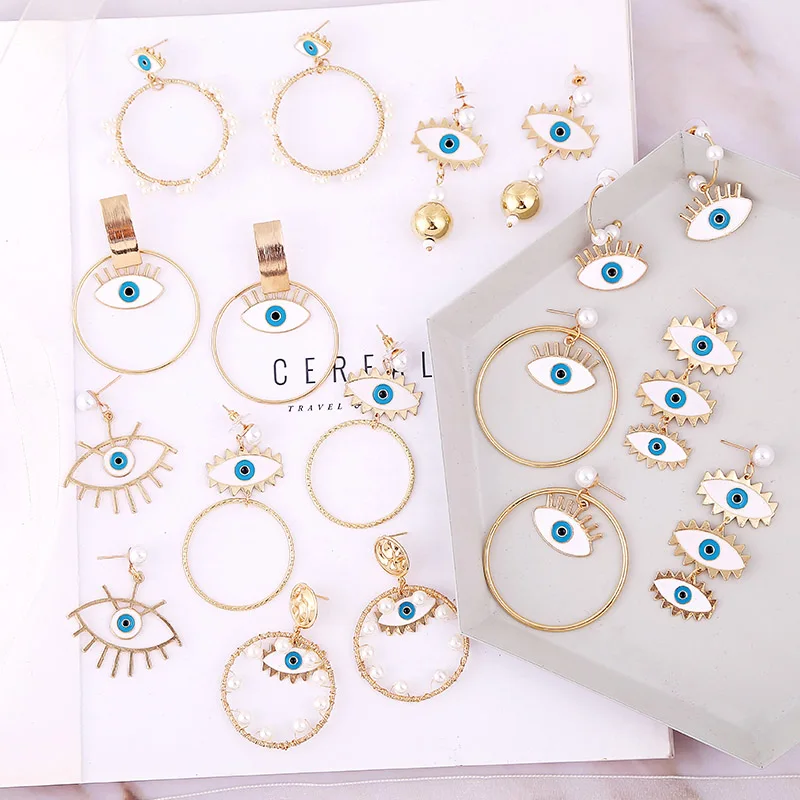 

2019 Vintage Geometric Golden Metal Pearl Evil Eye Earrings For Women Trendy Retro Long Alloy Large Drop Earring Jewelry Gifts