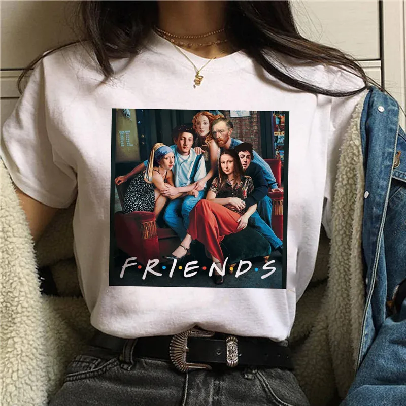 

Luslos Friends Character Halloween Shirt Mona Lisa Spoof T Shirt Women Summer Hot Selling White Plus Size Printed Female Tees