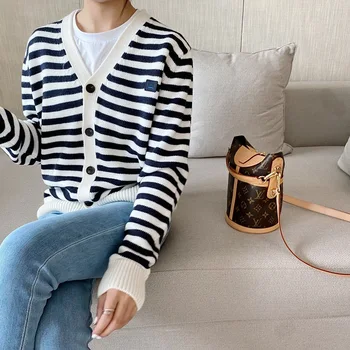 

French Stripes Button Row Straight Knitted Cardigan Women Small Squares Standard Contrast Color Stripes V-neck Sweater Coat