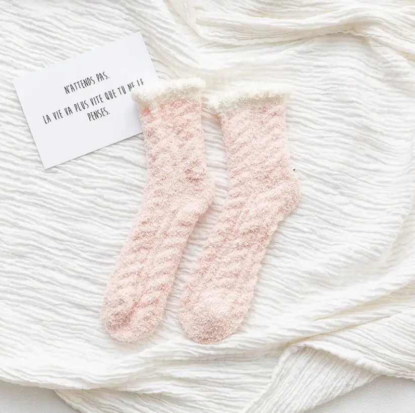 Coral Fleece Home Thickening Floor Sock Keep Warm Women Socks Cashmere Cotton Solid Winter Funny Socks Snow Land Cotton High New - Цвет: PINK