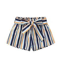 Модные шорты для девочек; новые летние короткие брюки для девочек в разноцветную полоску и с бантом на поясе; детские штаны; Короткие хлопковые детские штаны