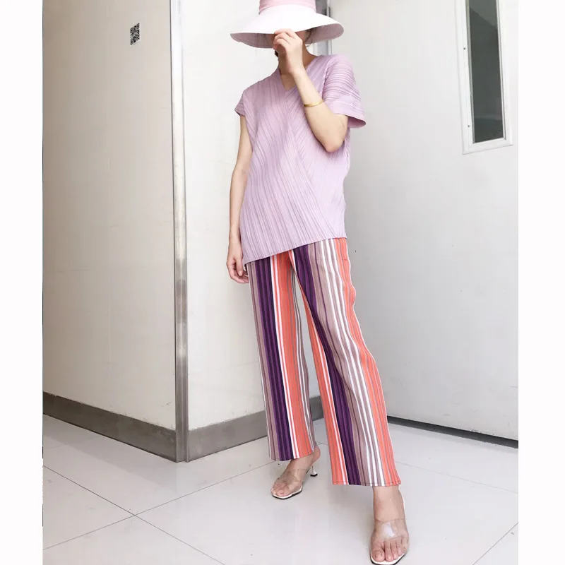 LANMREM новая весенняя модная женская одежда в винтажном стиле, плиссированные контрастные цвета, в полоску и высокие штаны, набор WH80705