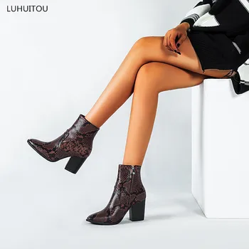 

New Autumn Ankle Boots Women Snake skin boots Wedges High Heels Western Winter Short Boots Western Pointed Toe Zipper shoes