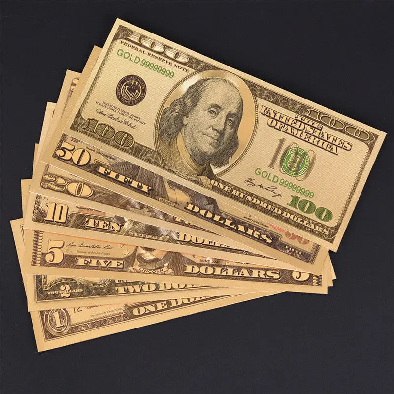 7Pcs/Lot Gold Plated US Dollar Fake Paper Money Banknotes fake money prop toy gold plated banknote commemorative banknotes Crafts For Collection Home Decor