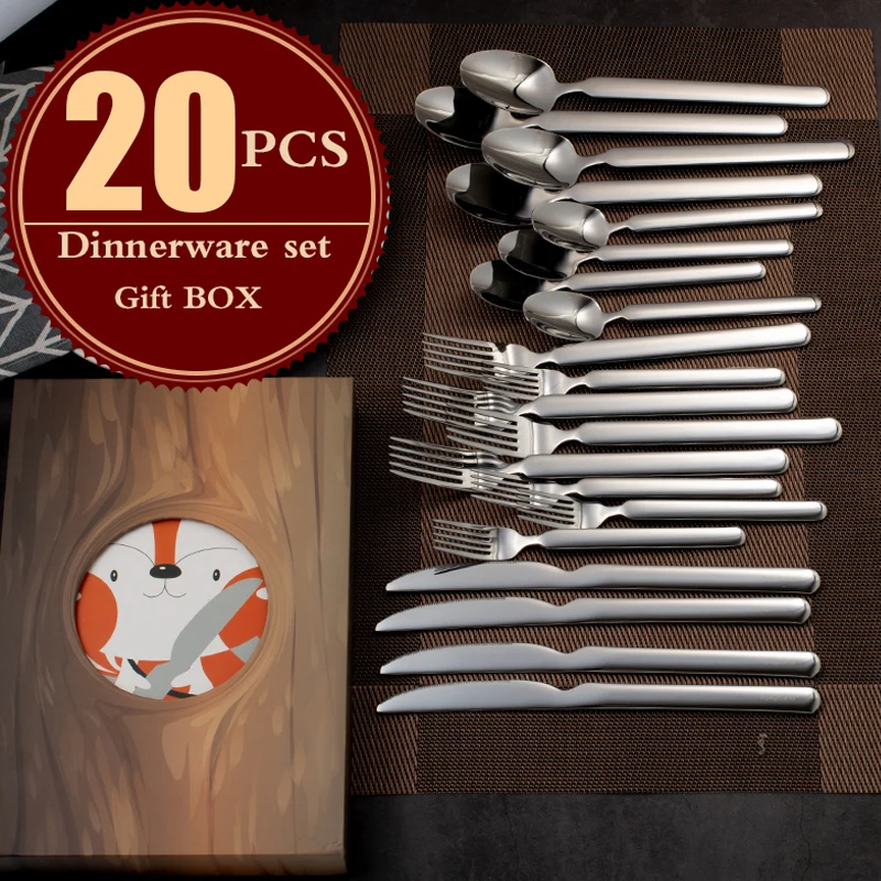 

20pcs Luxury Silver Dinnerware Set Stainless Steel Cutlery Wedding Silverware Tableware Party Dining set Knife and Fork Giftbox