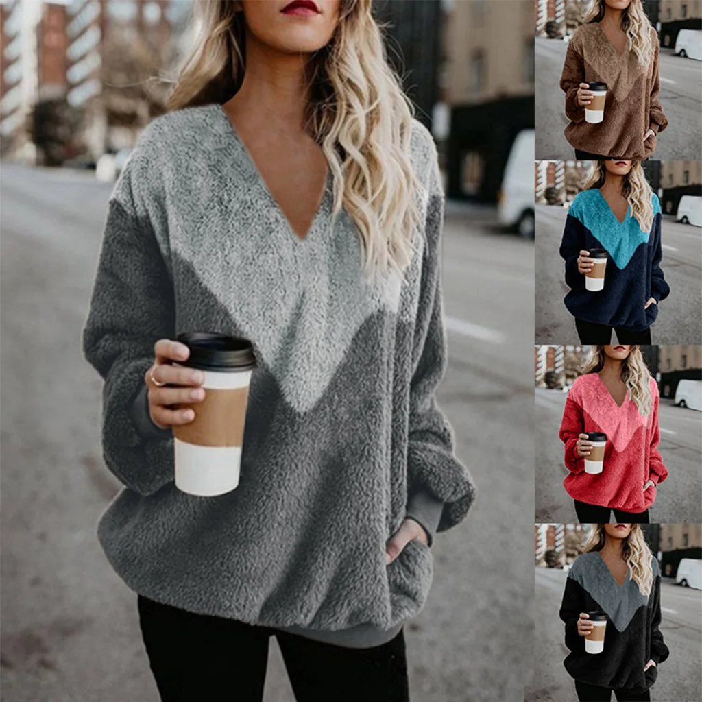 

YZBZJC Women Stitching Loose V-Neck Long-Sleeved Sweater Ladies Keep Warm Winter Comfortable Sweater