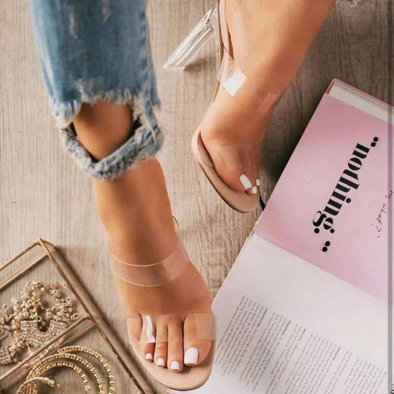 

2020 Women Slides 11cm High Heels Slip On Sandals Transparent Clear Block Heels Mules Slipper Lady Sexy Platform Casual Shoes