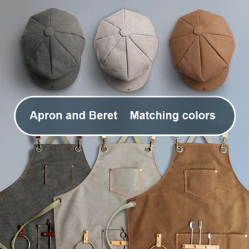 

Fashion Canvas Apron Beret Coffee Baking Barber Restaurant Waiter Unisex Work Aprons Uniform Bib for Women Men Custom LOGO