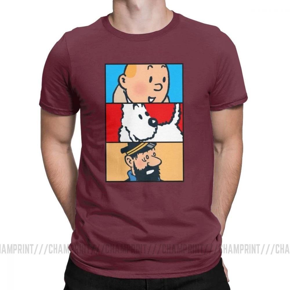 Футболка Tintin Milou Haddock The adventures Of Tintin для мужчин, хлопковая футболка с короткими рукавами, одежда 4XL 5XL 6XL - Цвет: Бургундия