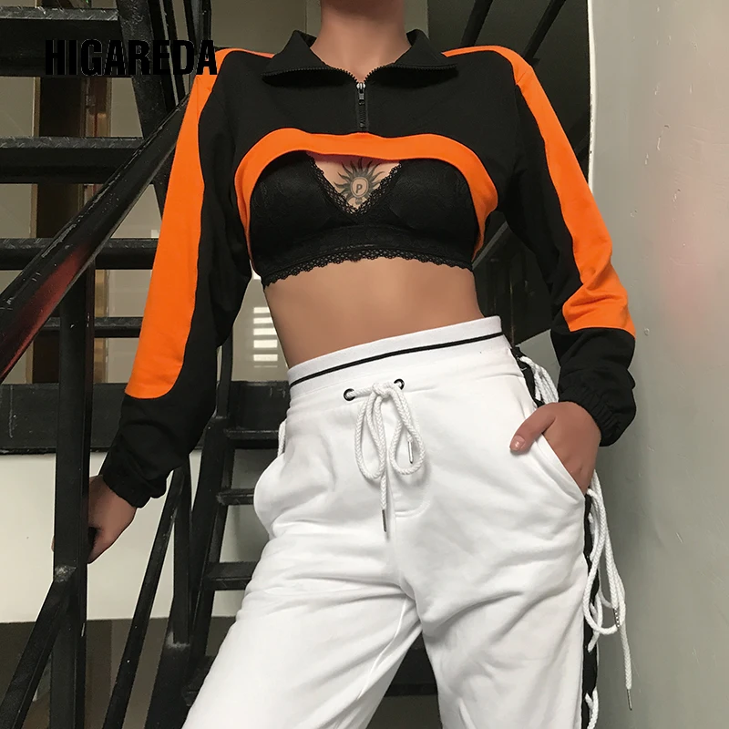 

Patchwork Casual Cropped Sweatshirt Women Harajuku Korean Crop Top Hoodies Long Sleeve Black Pullover Streetwear