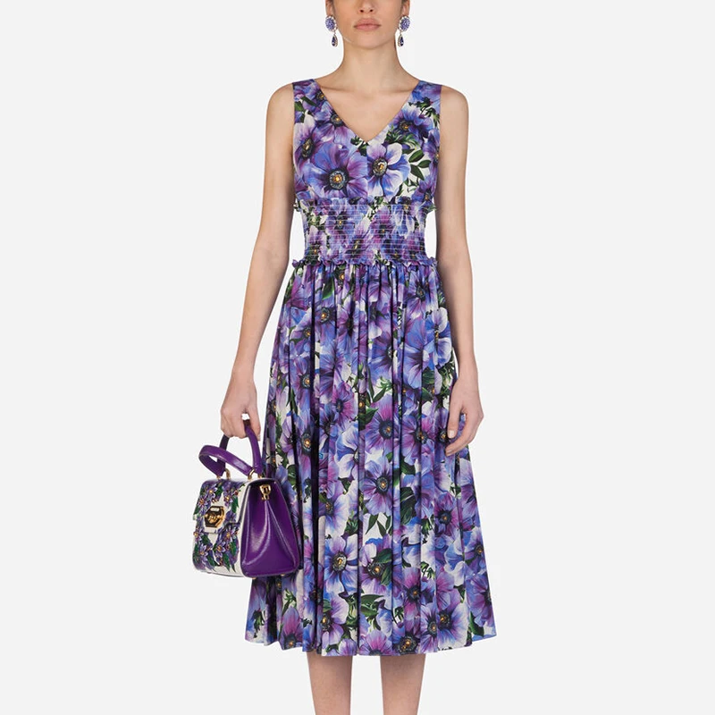 

Purple Floral Print Summer Dress Women V-Neck Sleeveless Tank Dress Elastic Waist Beach Boho Party Dress Plus Size Ruffles B302