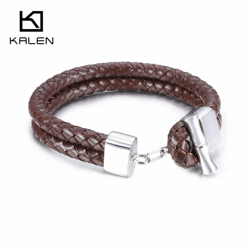 Мужской коричневый кожаный браслет Мода нержавеющая сталь серебряный цвет бамбук Шарм персонализированный браслет аксессуары в стиле панк