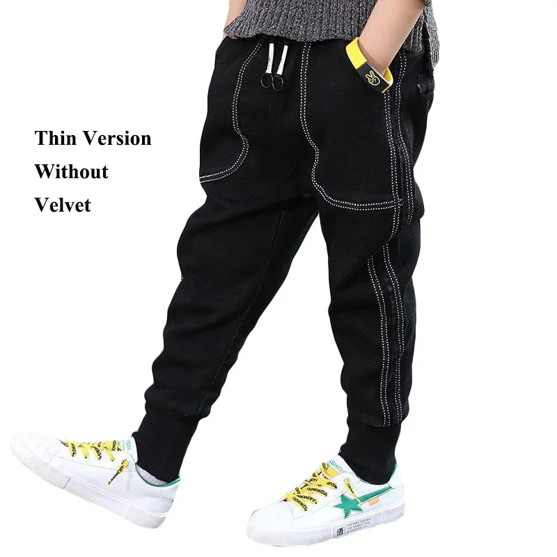 VFOCHI New 4-14T Boys Jeans Velvet Pants Autumn Winter Solid Color Kids Trousers Teenage Clothing Elastic Waist Boy Cargo Pants - Цвет: Black thin Version