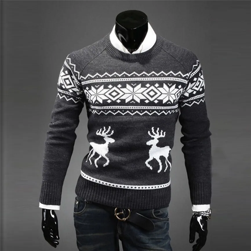 Mens Causal O Neck Sweater Deer Printed Autumn Winter Christmas Pullover Knitted Jumper Sweaters Slim Fit Male Clothes
