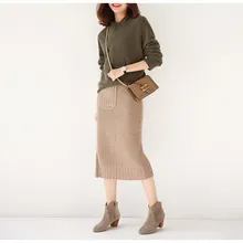 Женская осенняя и зимняя новая Шерстяная трикотажная юбка, натуральная талия с разрезом сбоку, ананас, вязаная юбка с карманом