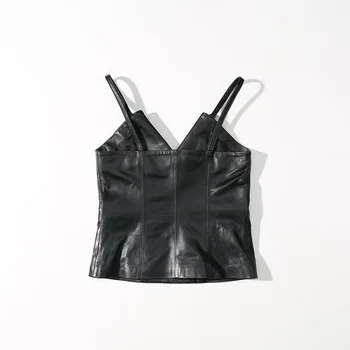 

Genuine Leather Vest Black Female Sleeveless Sling Short Sexy Leather Clothing Korean Style Streetwear Sheepskin Vests