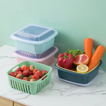 

Kitchen Covered Double-dried Fruit Vegetable Box PP Material Washing Drain Basket Fruit Vegetable Preservation Basket