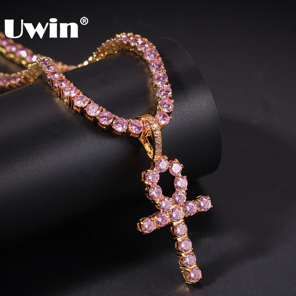 UWIN 4mm Pink Iced Ankh Cross Pendant Cubic Zirconia Tennis Chains Gold Silver Color Necklace Colored Fashion Hiphop Jewelry