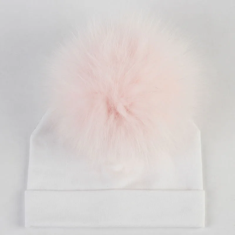 White Pink Осенне-зимние простые шапки для новорожденных, хлопковые шапочки-шапочки с помпон из лисьего меха, шапочки-бини для маленьких мальчиков и девочек - Цвет: White Pink