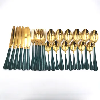

Green Gold Tableware Cutlery Set 24Pcs Stainless Steel Cutlery Box Forks Knives Spoons Dinner Set Kitchen Spoon Set Holiday Gift