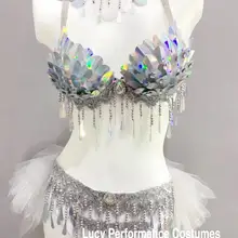 Серебряные блестки, расшитый бисером бюстгальтер, шорты, сексуальное бикини для женщин, комплект из 2 предметов, для бара, клуба, DJ, Женский певец, для танцев на шесте, вечерние костюмы, одежда для сцены