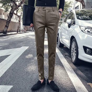 

2019 Men Brand clothing High quality pure cotton Business Suit Trousers/Male Fashion slim fit grid leisure dress suit pants 34