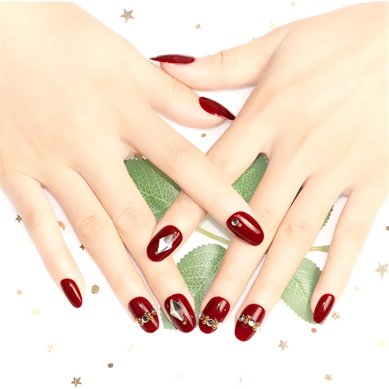 Nusx 24pcs Classical French Fake Nail Diamond Decoration Short Round Head Red Full Cover Bride False 5