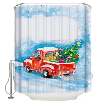 

Wooden Barn Door with Christmas Decor Waterproof Shower Curtain Polyester Fabric Bathroom Decoration with Hooks