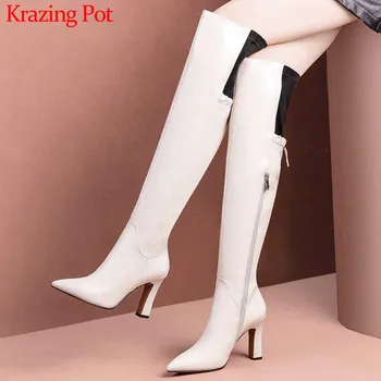 

Krazing Pot high quality genuine leather solid pointed toe super high heels side Zipper winter keep warm thigh high boots L37