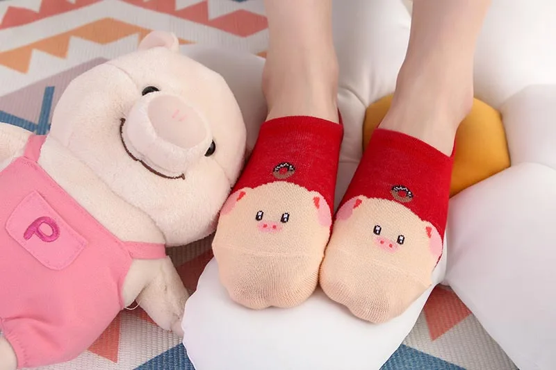 Японские летние креативные повседневные хлопковые милая розовая свинка женские невидимые носки Противоскользящие силиконовые незаметные с плоским носком женские Meias