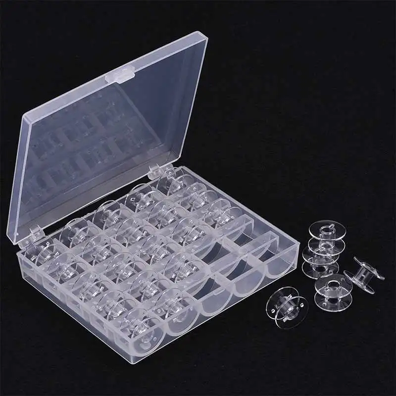 

High 25Pcs Empty Bobbins Sewing Machine Spools Clear Plastic with Case Storage Box for Brother Janome Singer Elna UEJ