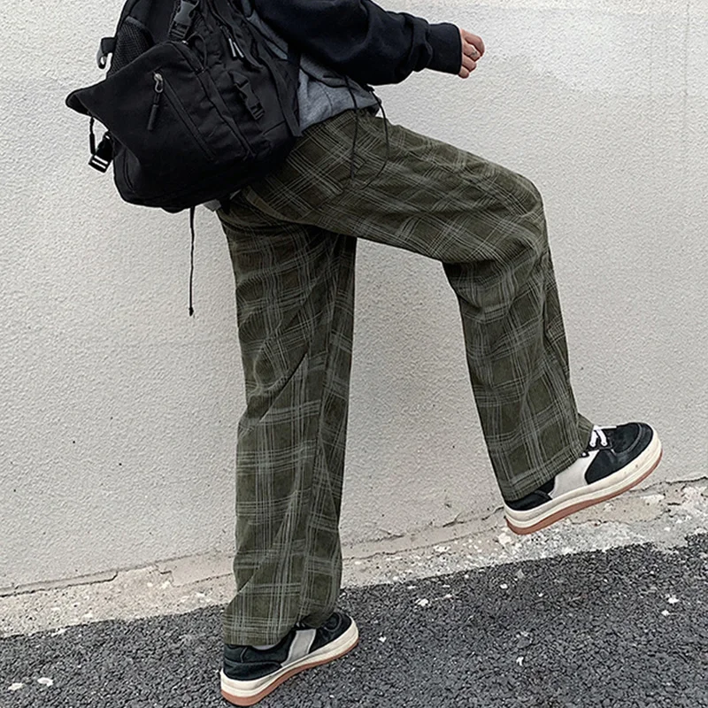 Wide Leg Pants Men Spring Casual Plaid Vintage BF Couple Straight Corduroy Streetwear Harajuku Oversize S-3XL