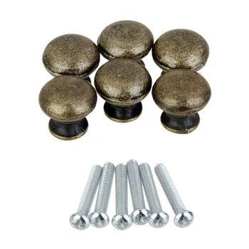 

Set of 6 Handle Door Knob Round Drawer Cabinet Vintage - Antique Brass
