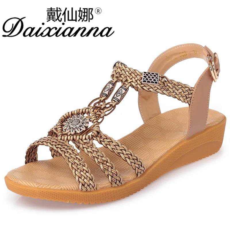 

Dai xian na Summer New Style Sandals WOMEN'S Genuine Leather Shoes Hollow out Breathable Slanted Heel Fashion Weaving WOMEN'S Sa