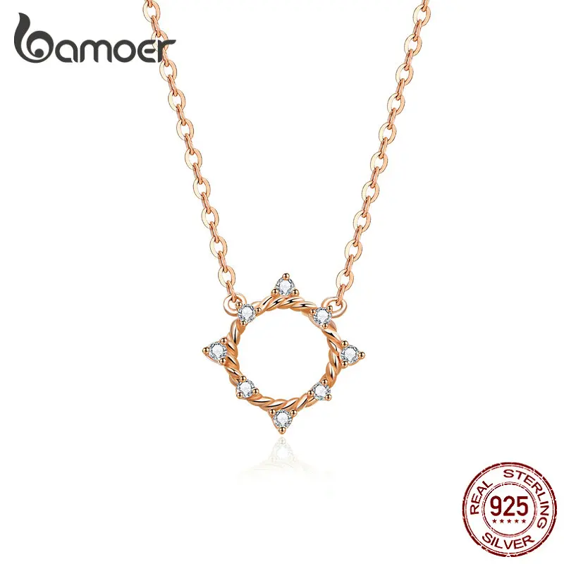 Bamoer GAN153, хорошее ювелирное изделие, розовое золото, настоящее 925 пробы, серебряное ожерелье с подвеской, блестящая Геометрическая круглая цепочка колье для свадьбы