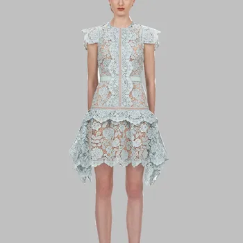 

HAMALIEL Brand Runway Irregularity Lace Mini Dresses Self Portrait Spring Ruffles Patchwork Sky Blue Female Bodycon Party Dress
