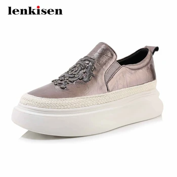 

Lenkisen new simple style embroidery flowers high quality thick bottom wedges waterproof sneaker round toe vulcanized shoes L70