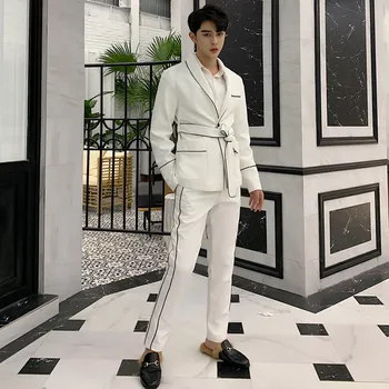 

Casual Mens Set Striped Two Piece Suits Long Sleeve Single Breasted Belt Loose Blazer Straight Ankle Length Pants Sets DS501081