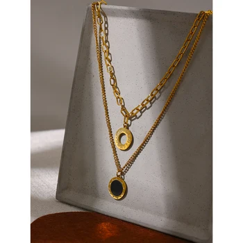 Fashion Double Sided Black White Shell Pendant Necklace Stainless Steel