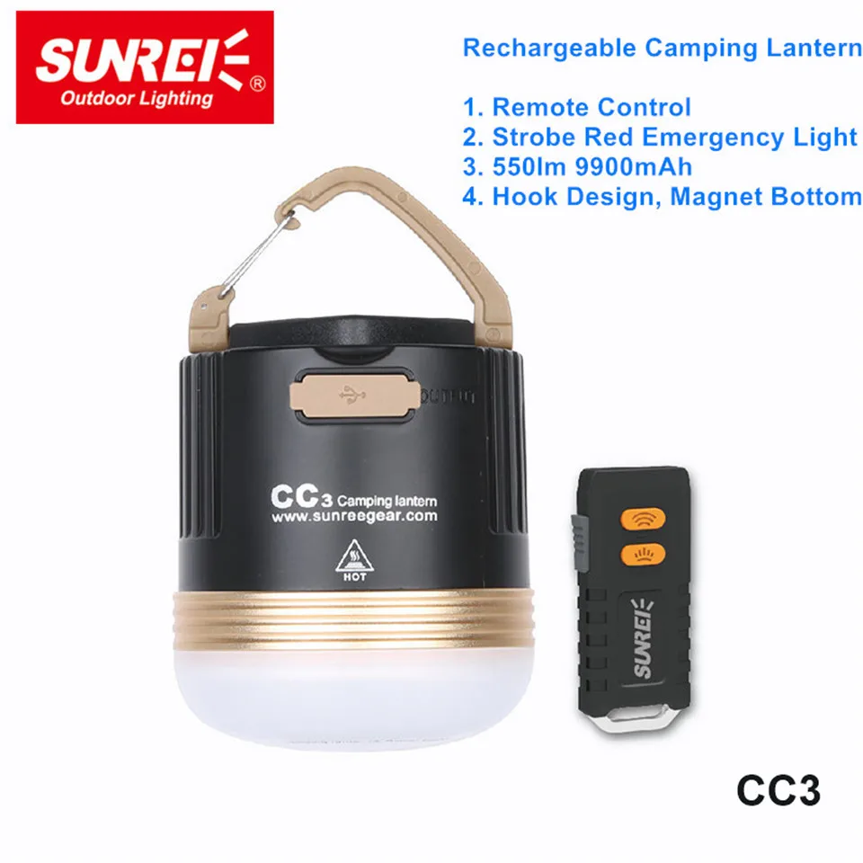 

Sunrei CC3 Remote Control Rechargeable Camping Flashlight 550lm 9900mAh Strobe Red Emergency Lantern with Magnet Bottom