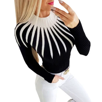 

Women Ladies Fashion Slim Fit Sweater Geometric Splice Color Pullover Turtleneck Sweater Tops