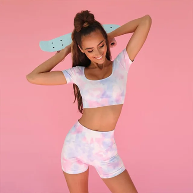 SALSPOR Yoga Sets Women Fitness Print Slim Crop Top Push Up Shorts Sports Running Workout 2 Piece Sportswear