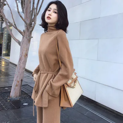 

Winter Women Knitted 2 Pieces Set Turtleneck Lace-up Pullovers & Elastic Waist Loose Pants Women Sweater Tracksuit vs514