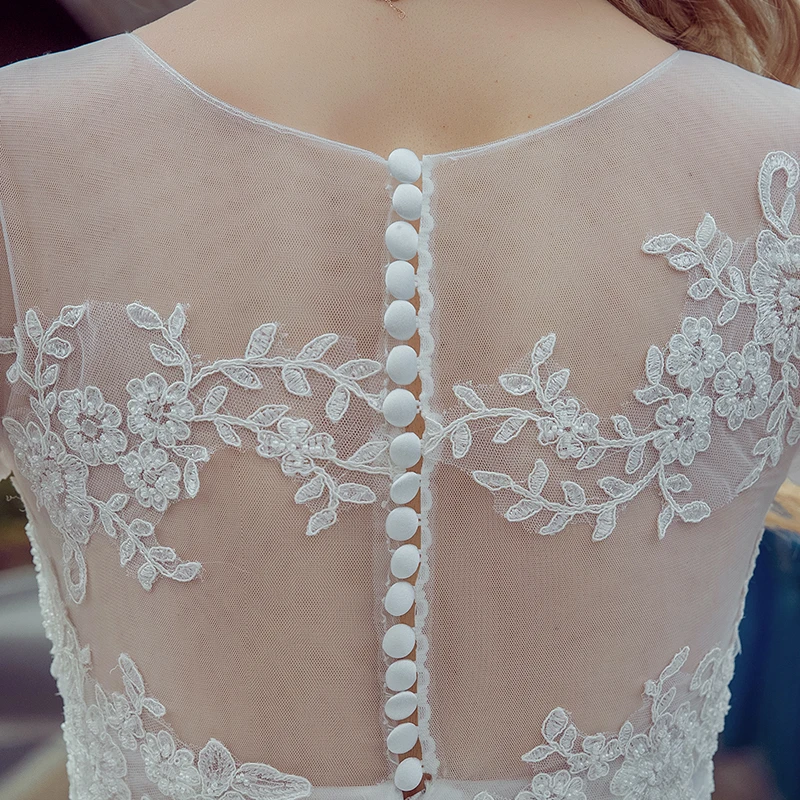 BacklakeGirls Белый Круглый шею три бальное платье с рукавами, свадебные платья с пуговицами на спине пол Длина