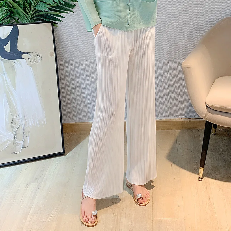 White Pants For Women Plus Size Autumn 2021 New Solid Color Stretch Miyake Pleated Loose Casual Straight Trousers Full Length issey miyake men s pleated mid length suits japanese autumn trend homme plisse pendant casual top loose coat windbreakers jd202