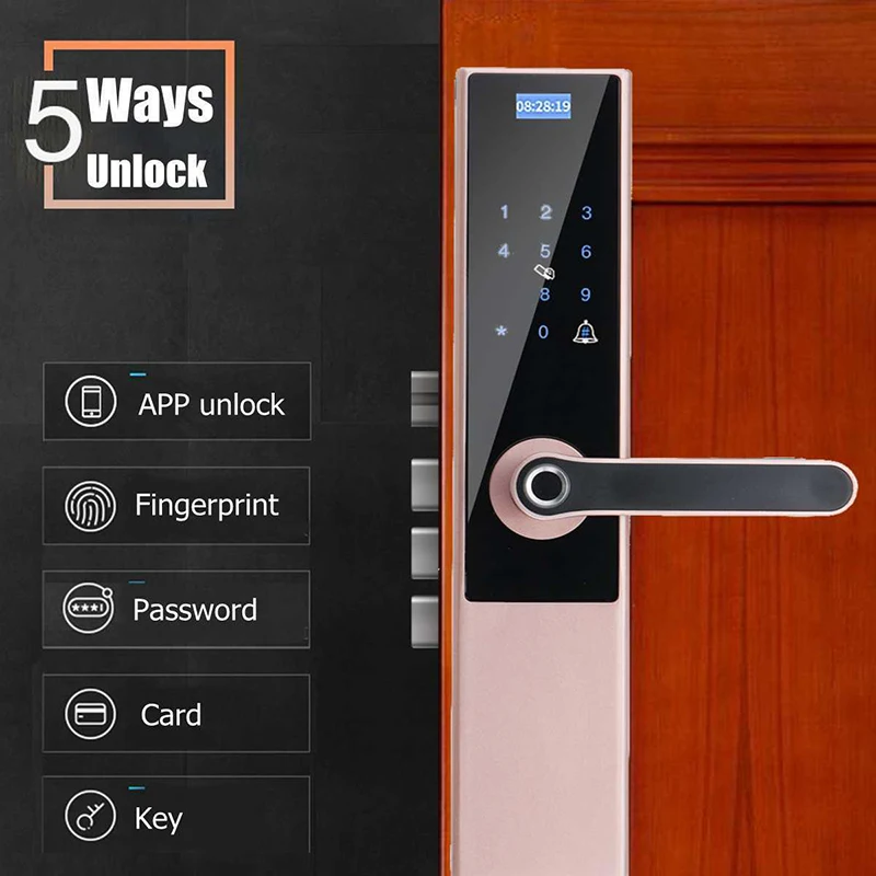 Электрический биометрический замок без ключа, цифровой умный дверной замок, приложение+ сенсорный+ пароль+ ключ+ накладка+ отпечаток пальца, 6 способов - Цвет: Розовое золото