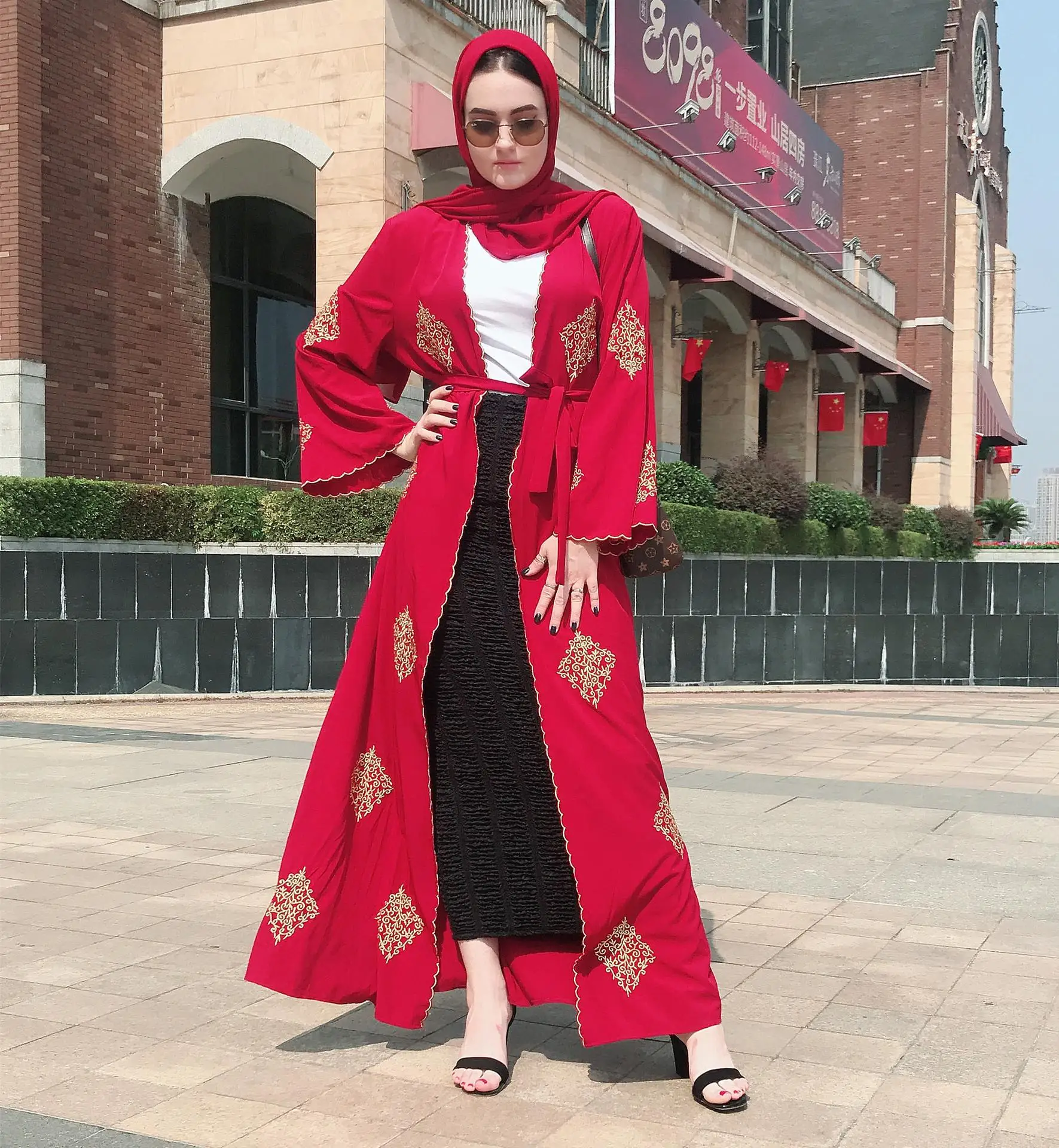 Женский кардиган с вышивкой в турецком стиле Abaya мусульманский открытой спиной